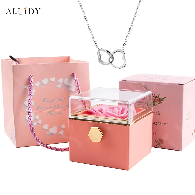 Custom Double Heart Engraved Name Steel Necklace Eternal Rose Box for Women Creative Surprise Confession Proposal Gifts