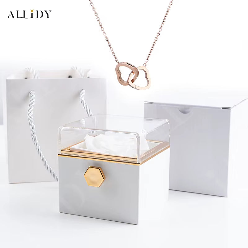 Custom Double Heart Engraved Name Steel Necklace Eternal Rose Box for Women Creative Surprise Confession Proposal Gifts