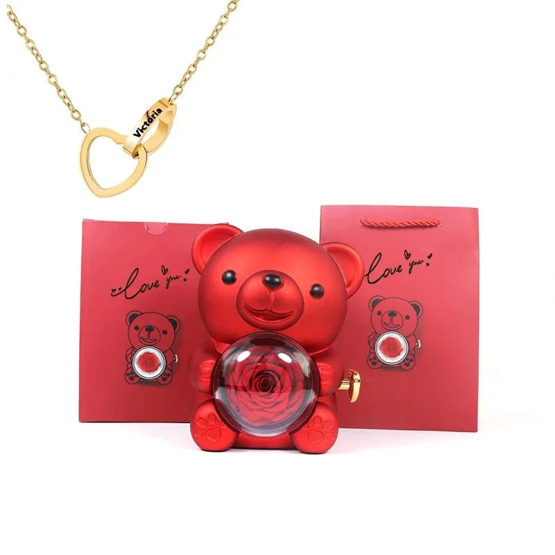 Eternal Rose Teddy Bear Gifts Box with Necklace Rotate Rose Jewelry Box Valentine Wedding Storage Gift Case for Women Girlfriend