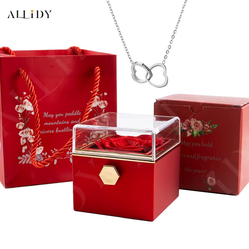 Custom Double Heart Engraved Name Steel Necklace Eternal Rose Box for Women Creative Surprise Confession Proposal Gifts