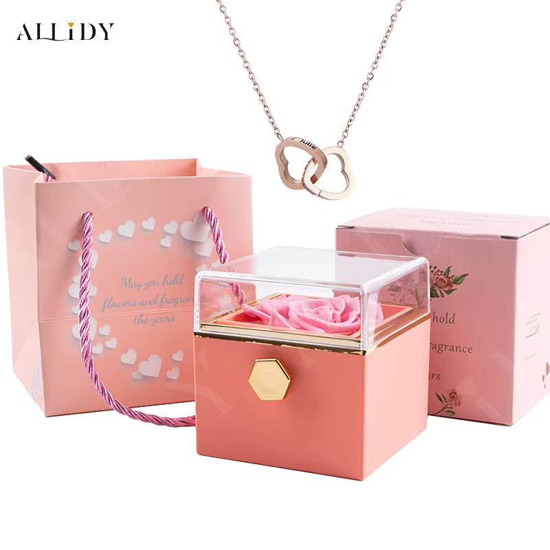 Custom Double Heart Engraved Name Steel Necklace Eternal Rose Box for Women Creative Surprise Confession Proposal Gifts