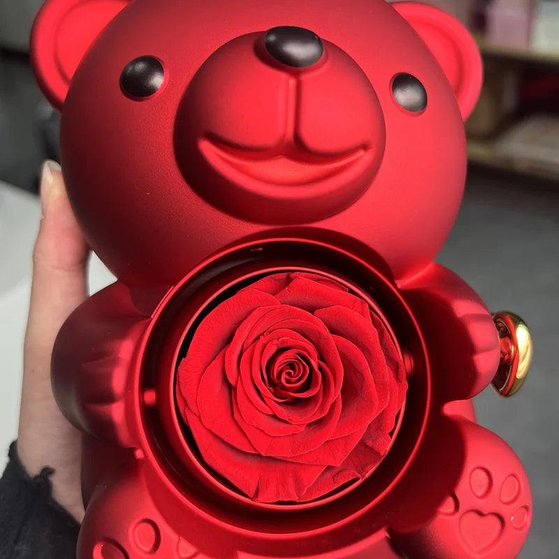 Eternal Rose Teddy Bear Gifts Box with Necklace Rotate Rose Jewelry Box Valentine Wedding Storage Gift Case for Women Girlfriend